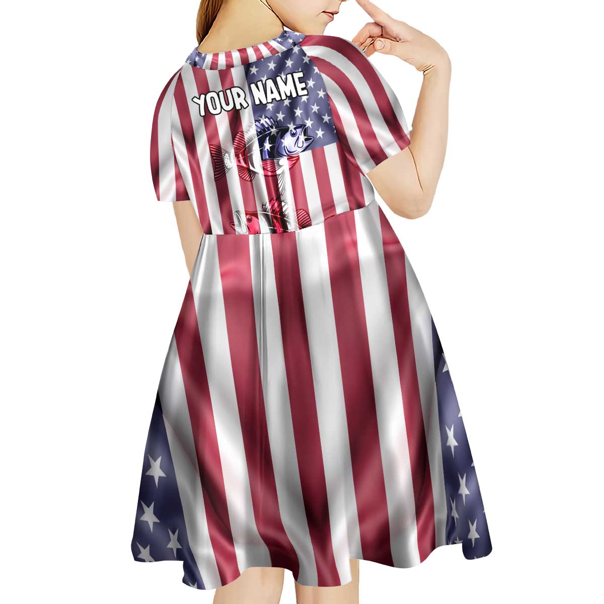 Fishing Fish Hook American Flag Kid Short Sleeve Dress Custom Name Graphic in Patriotic Striped Theme - Wonder Print Shop
