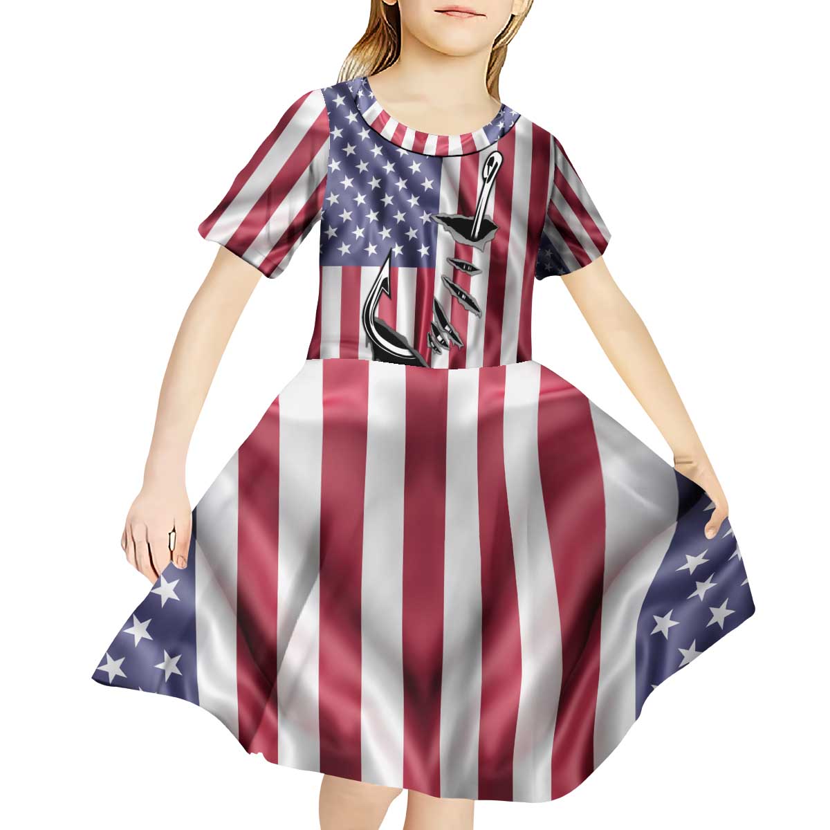 Fishing Fish Hook American Flag Kid Short Sleeve Dress Custom Name Graphic in Patriotic Striped Theme - Wonder Print Shop