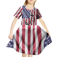 Fishing Fish Hook American Flag Kid Short Sleeve Dress Custom Name Graphic in Patriotic Striped Theme - Wonder Print Shop