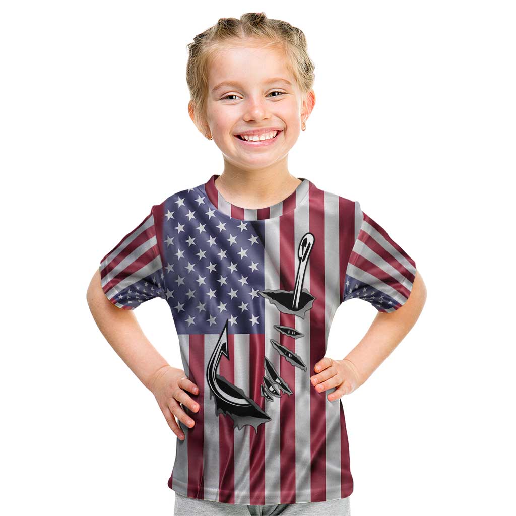 Fishing Fish Hook American Flag Kid T Shirt Custom Name Graphic in Patriotic Striped Theme - Wonder Print Shop