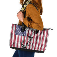 Fishing Fish Hook American Flag Leather Tote Bag Custom Name Graphic in Patriotic Striped Theme - Wonder Print Shop