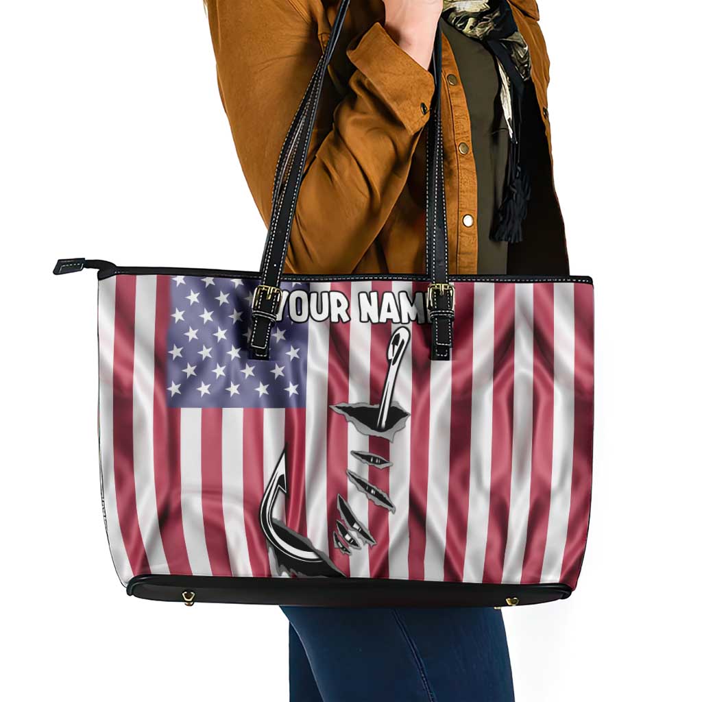 Fishing Fish Hook American Flag Leather Tote Bag Custom Name Graphic in Patriotic Striped Theme - Wonder Print Shop