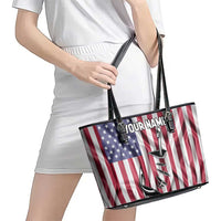 Fishing Fish Hook American Flag Leather Tote Bag Custom Name Graphic in Patriotic Striped Theme - Wonder Print Shop