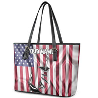 Fishing Fish Hook American Flag Leather Tote Bag Custom Name Graphic in Patriotic Striped Theme - Wonder Print Shop