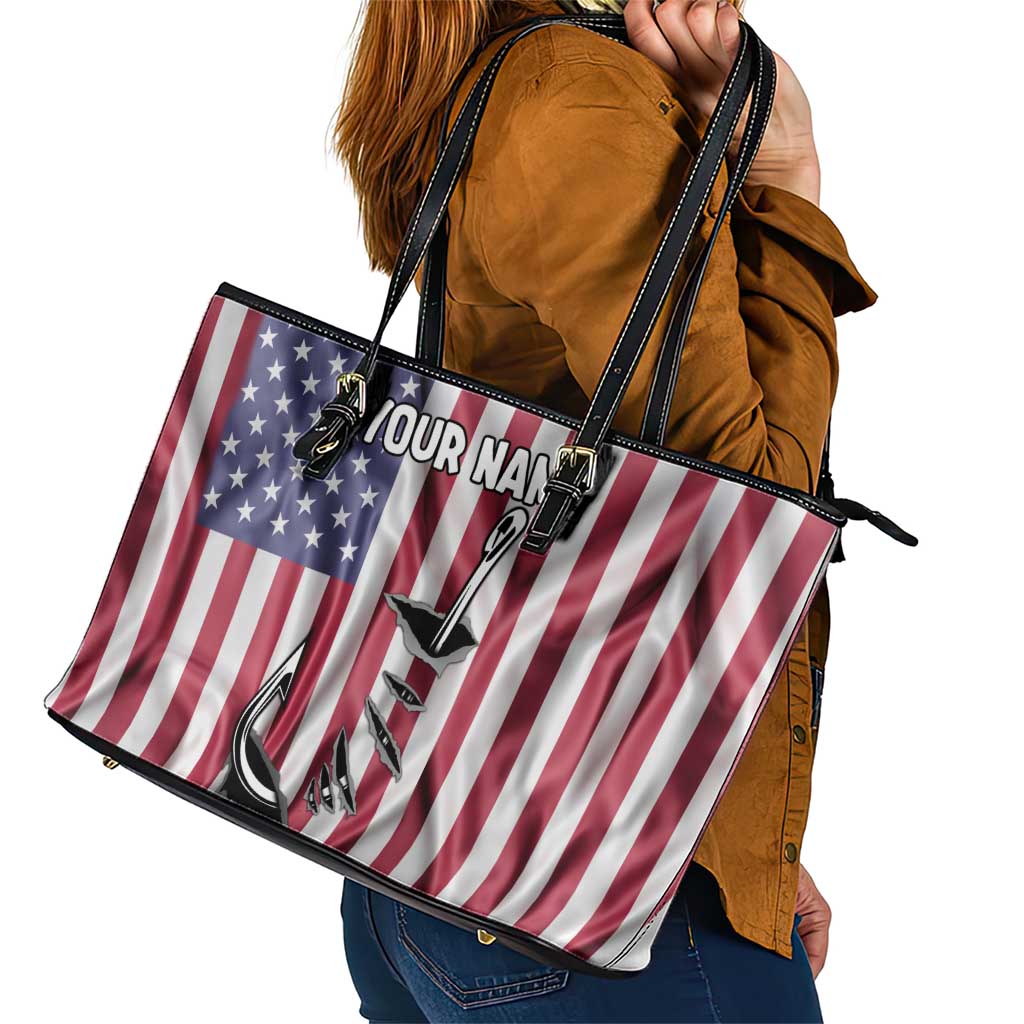 Fishing Fish Hook American Flag Leather Tote Bag Custom Name Graphic in Patriotic Striped Theme - Wonder Print Shop