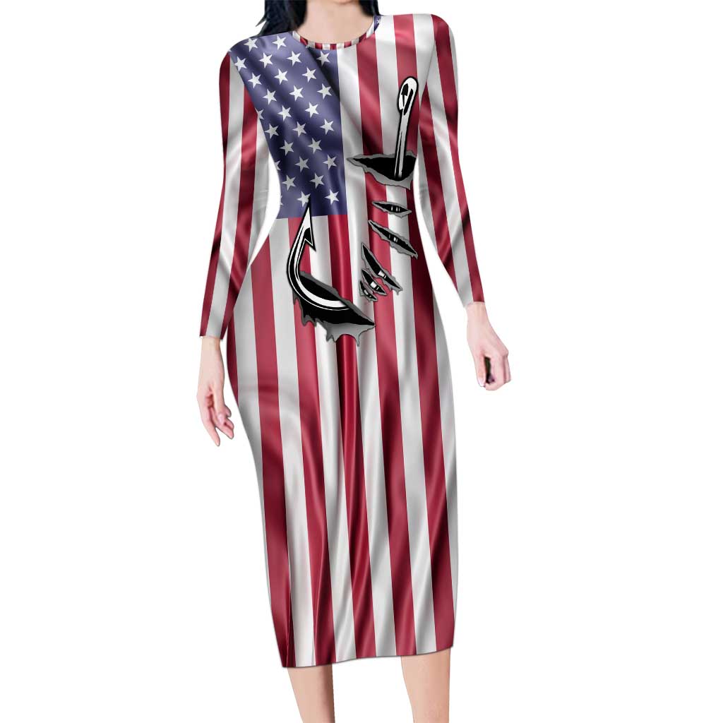 Fishing Fish Hook American Flag Long Sleeve Bodycon Dress Custom Name Graphic in Patriotic Striped Theme - Wonder Print Shop