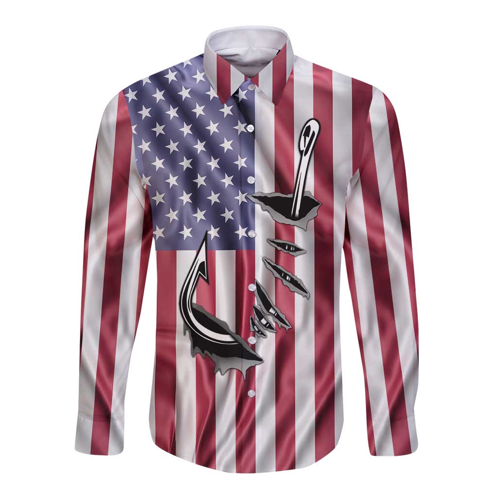 Fishing Fish Hook American Flag Long Sleeve Button Shirt Custom Name Graphic in Patriotic Striped Theme - Wonder Print Shop