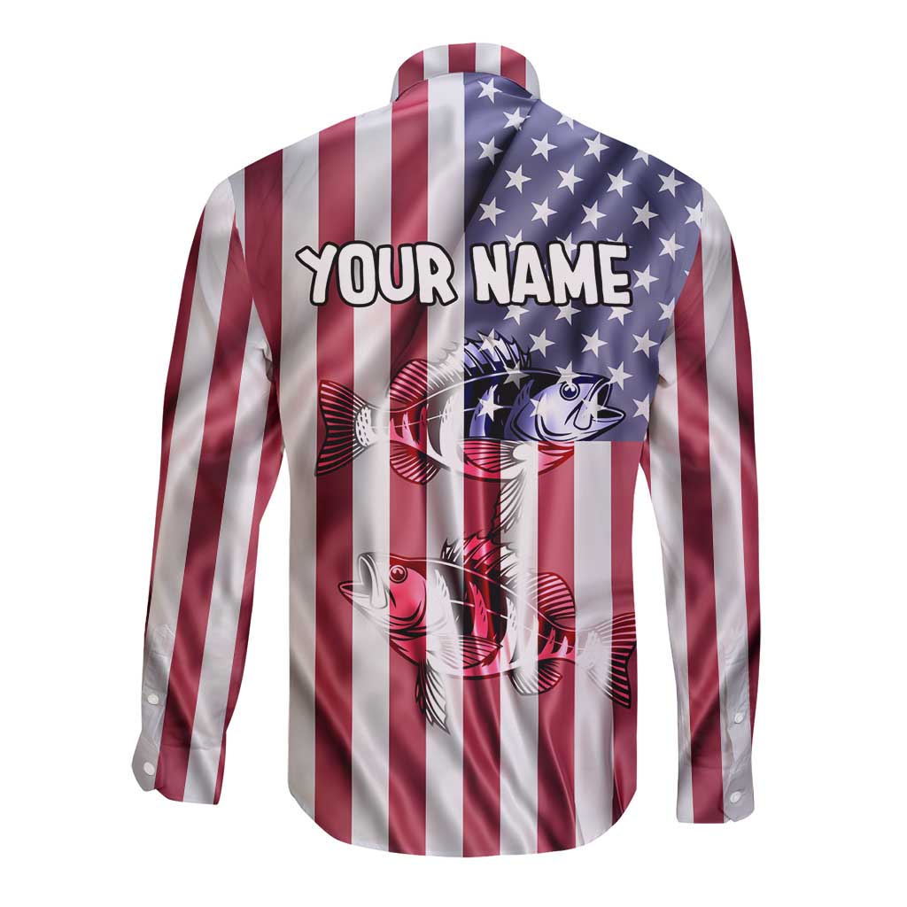 Fishing Fish Hook American Flag Long Sleeve Button Shirt Custom Name Graphic in Patriotic Striped Theme - Wonder Print Shop