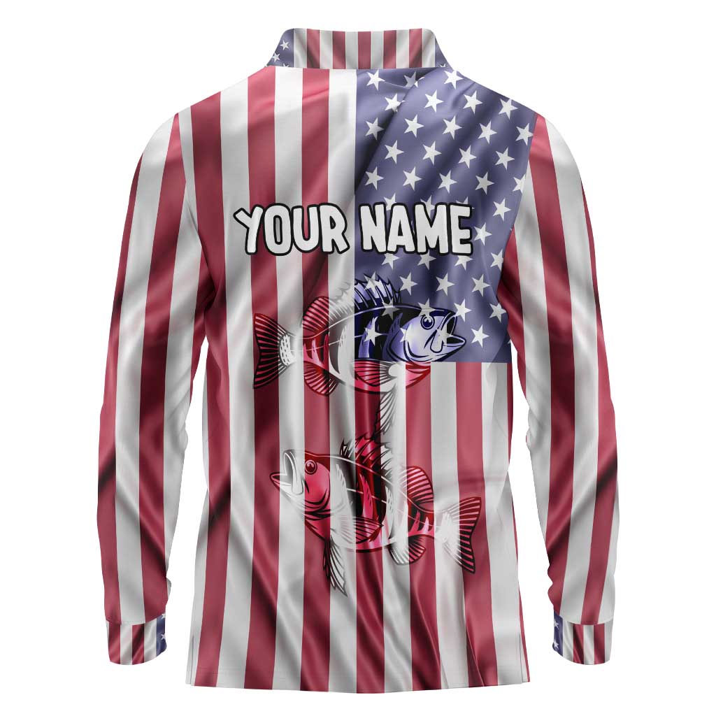 Fishing Fish Hook American Flag Long Sleeve Polo Shirt Custom Name Graphic in Patriotic Striped Theme - Wonder Print Shop