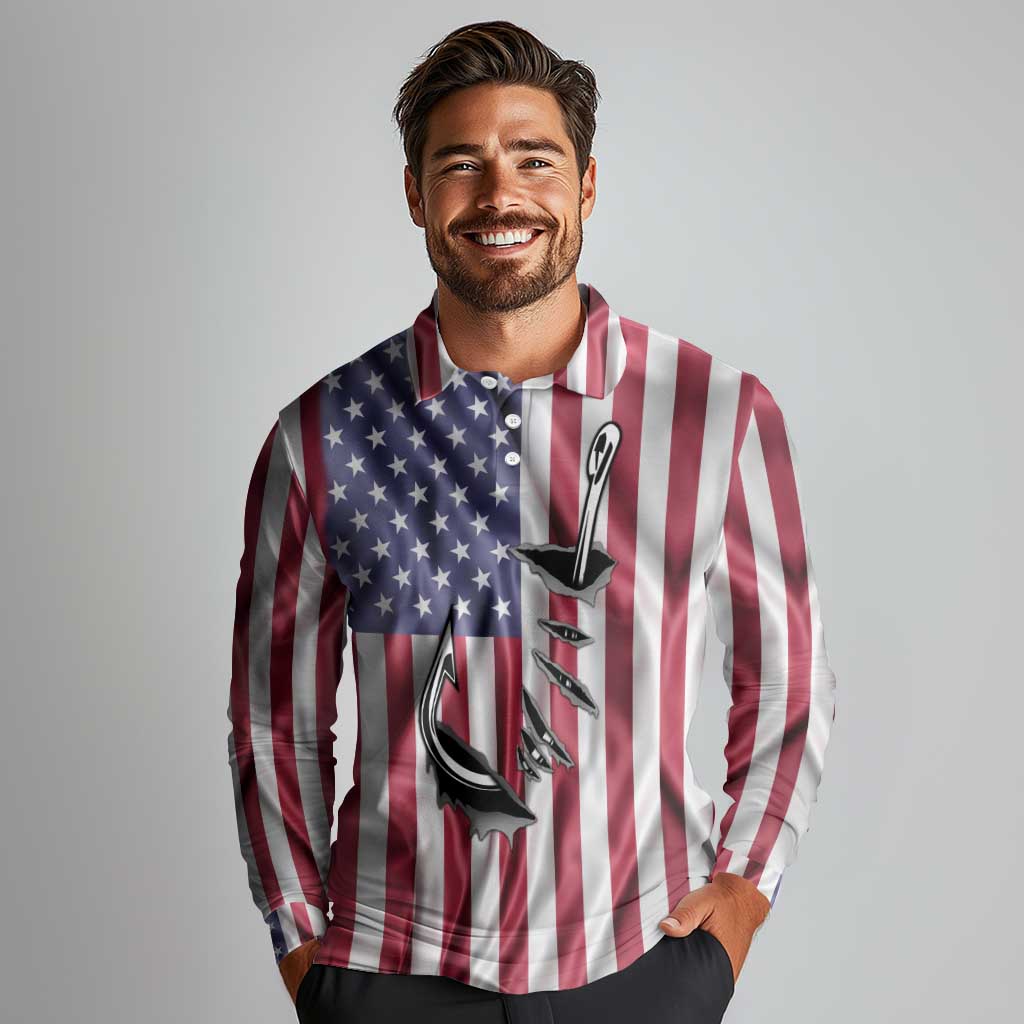 Fishing Fish Hook American Flag Long Sleeve Polo Shirt Custom Name Graphic in Patriotic Striped Theme - Wonder Print Shop