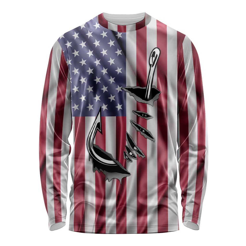 Fishing Fish Hook American Flag Long Sleeve Shirt Custom Name Graphic in Patriotic Striped Theme - Wonder Print Shop