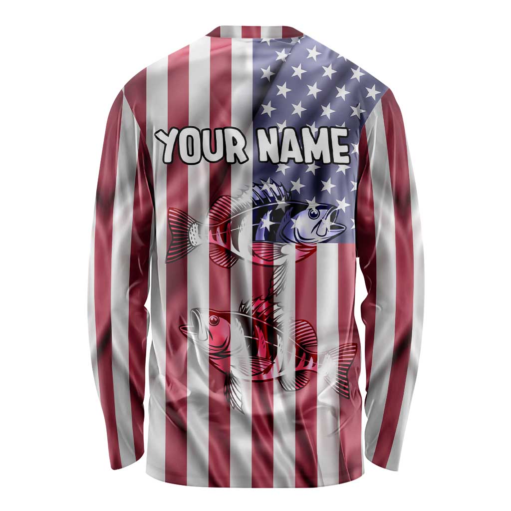 Fishing Fish Hook American Flag Long Sleeve Shirt Custom Name Graphic in Patriotic Striped Theme - Wonder Print Shop