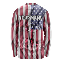 Fishing Fish Hook American Flag Long Sleeve Shirt Custom Name Graphic in Patriotic Striped Theme - Wonder Print Shop