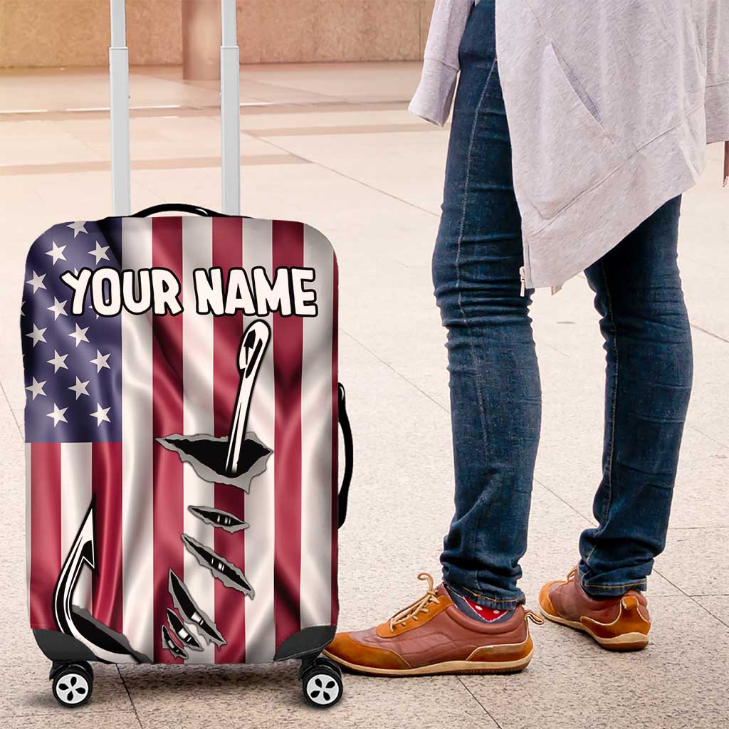 Fishing Fish Hook American Flag Luggage Cover Custom Name Graphic in Patriotic Striped Theme - Wonder Print Shop