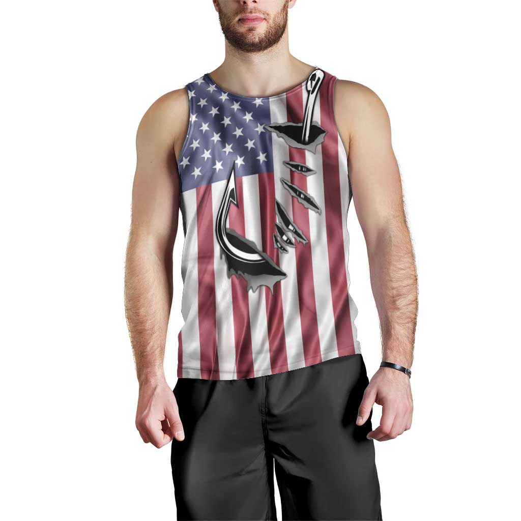 Fishing Fish Hook American Flag Men Tank Top Custom Name Graphic in Patriotic Striped Theme - Wonder Print Shop