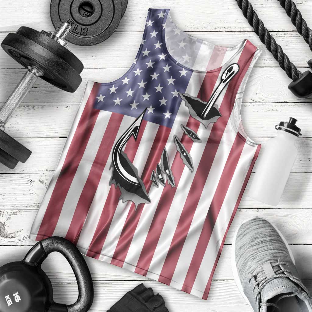 Fishing Fish Hook American Flag Men Tank Top Custom Name Graphic in Patriotic Striped Theme - Wonder Print Shop
