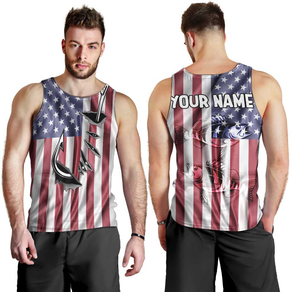 Fishing Fish Hook American Flag Men Tank Top Custom Name Graphic in Patriotic Striped Theme - Wonder Print Shop