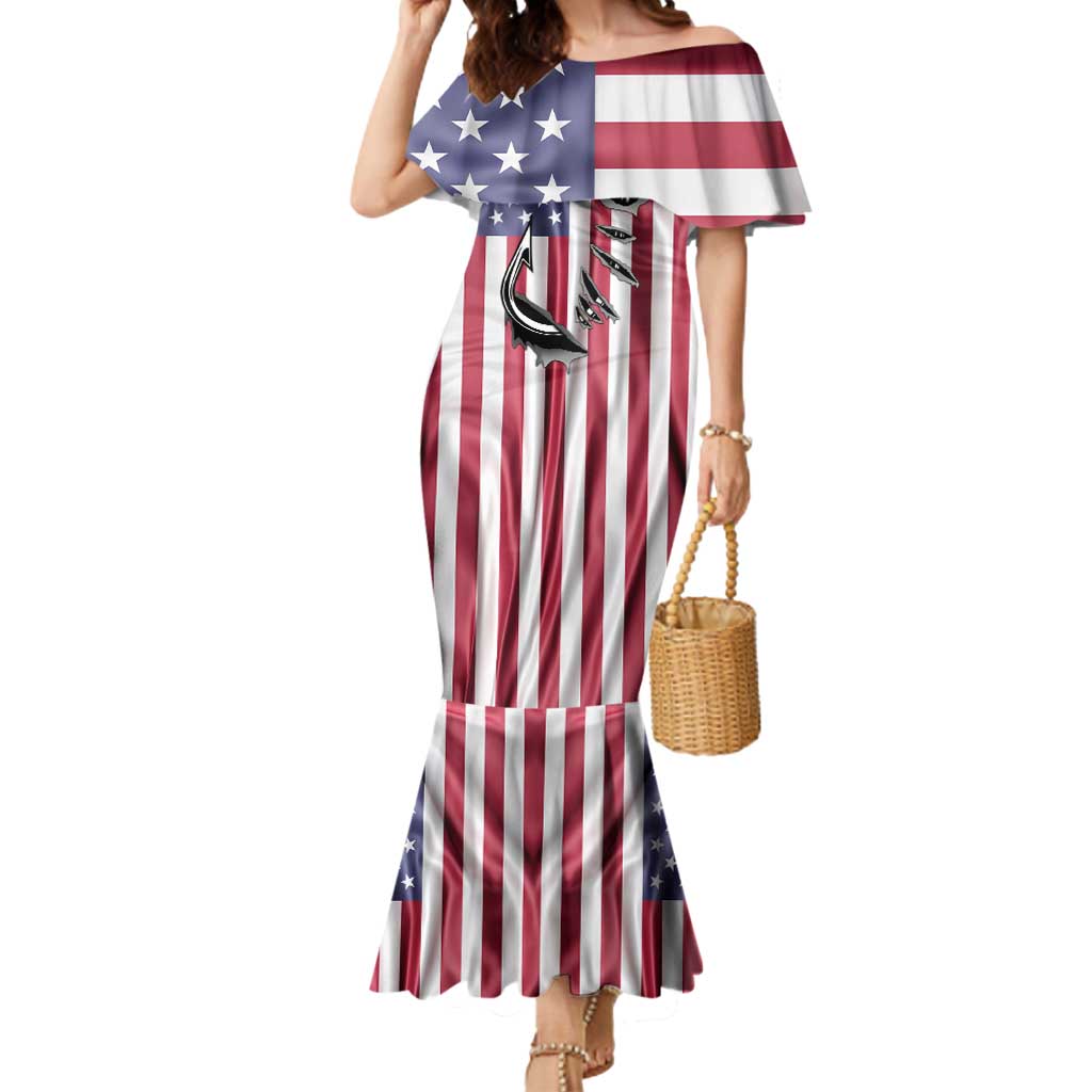 Fishing Fish Hook American Flag Mermaid Dress Custom Name Graphic in Patriotic Striped Theme - Wonder Print Shop