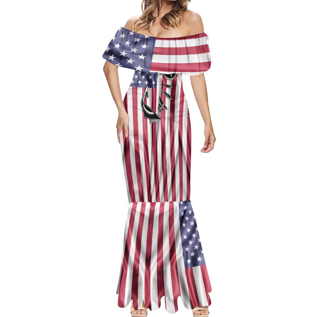 Fishing Fish Hook American Flag Mermaid Dress Custom Name Graphic in Patriotic Striped Theme - Wonder Print Shop