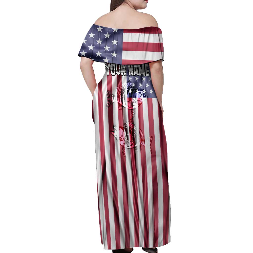Fishing Fish Hook American Flag Off Shoulder Maxi Dress Custom Name Graphic in Patriotic Striped Theme - Wonder Print Shop
