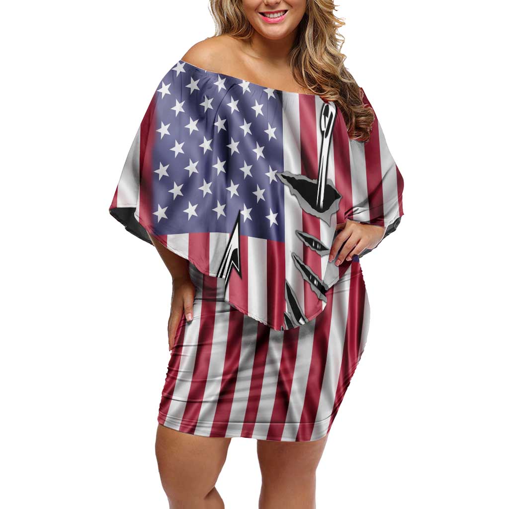 Fishing Fish Hook American Flag Off Shoulder Short Dress Custom Name Graphic in Patriotic Striped Theme - Wonder Print Shop