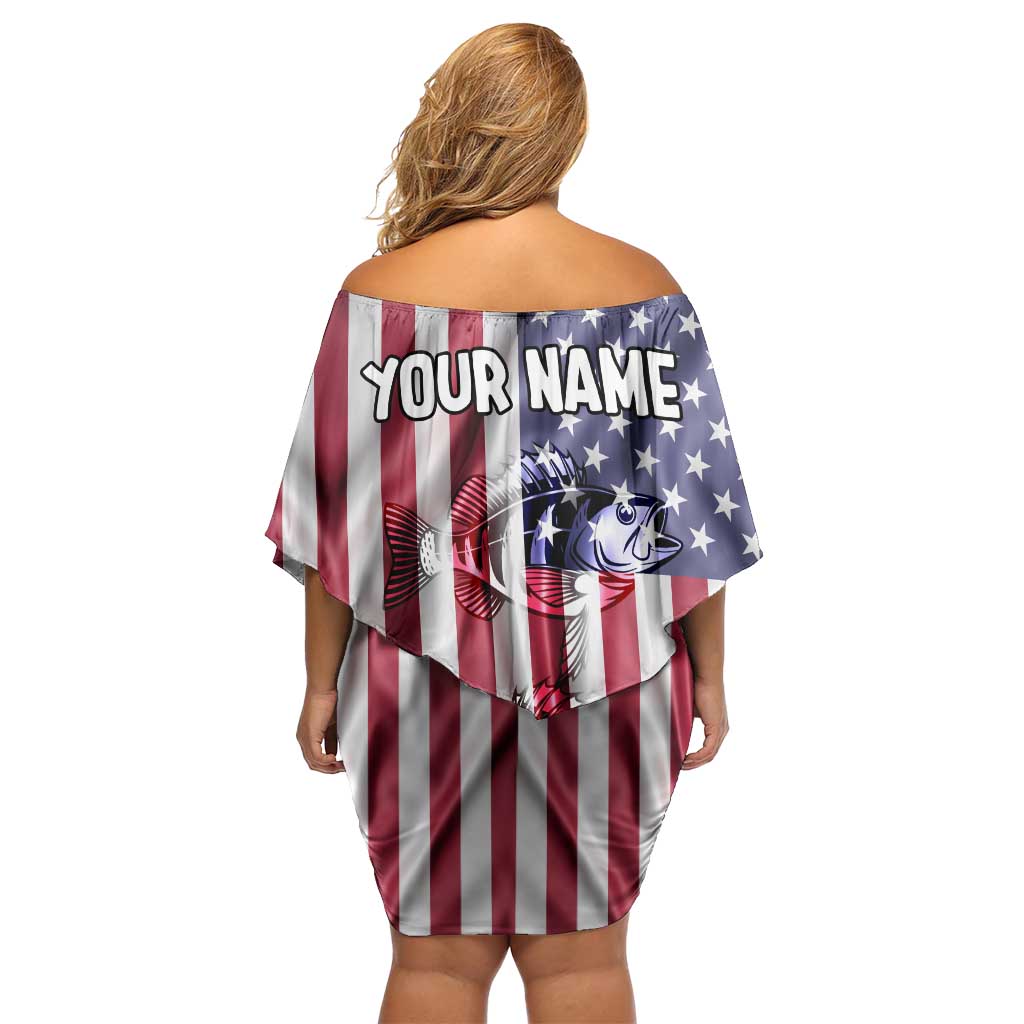 Fishing Fish Hook American Flag Off Shoulder Short Dress Custom Name Graphic in Patriotic Striped Theme - Wonder Print Shop