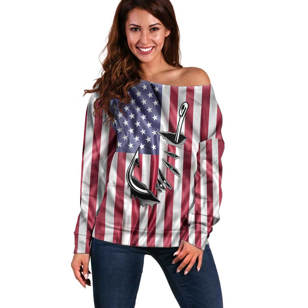 Fishing Fish Hook American Flag Off Shoulder Sweater Custom Name Graphic in Patriotic Striped Theme - Wonder Print Shop