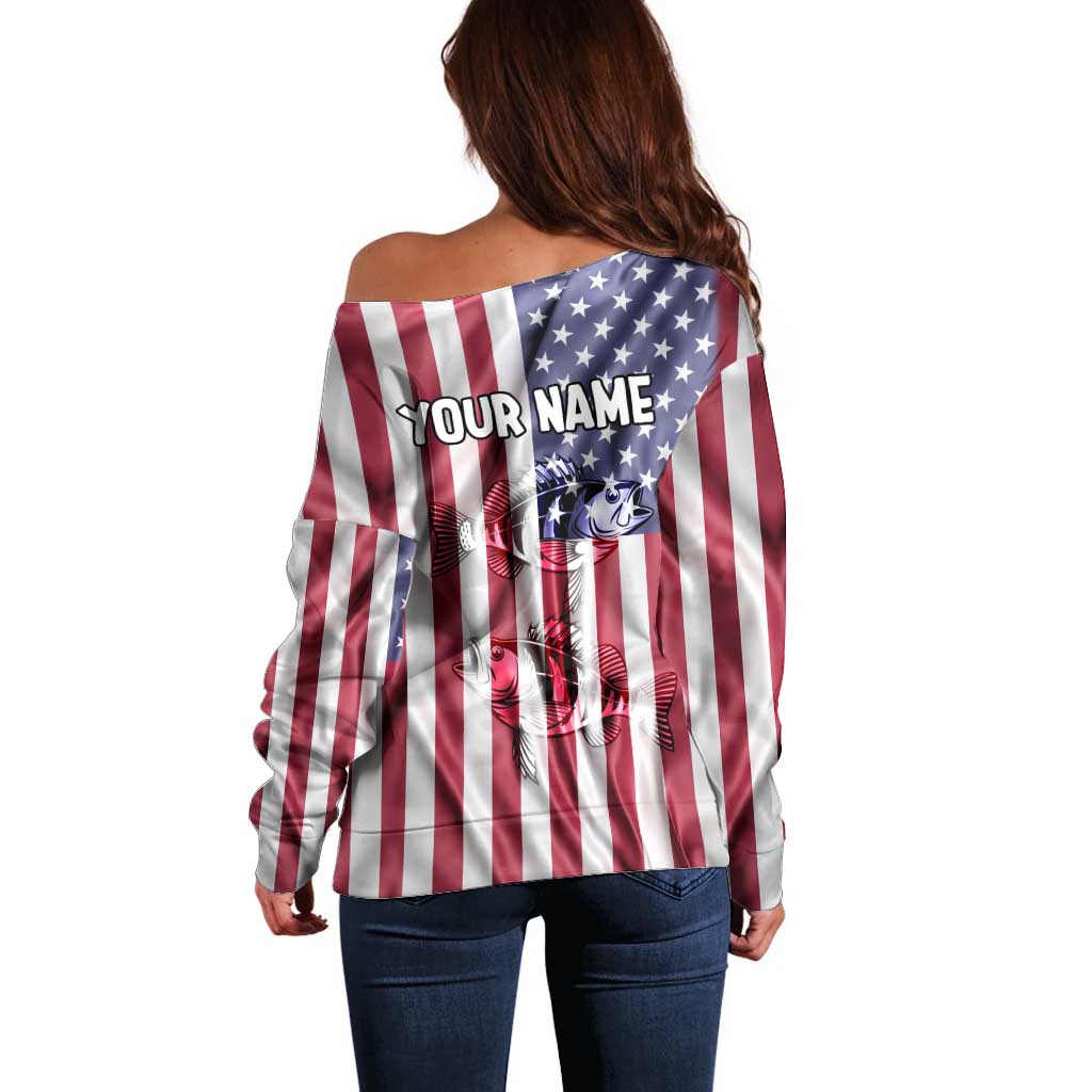 Fishing Fish Hook American Flag Off Shoulder Sweater Custom Name Graphic in Patriotic Striped Theme - Wonder Print Shop