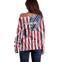 Fishing Fish Hook American Flag Off Shoulder Sweater Custom Name Graphic in Patriotic Striped Theme - Wonder Print Shop