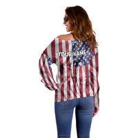 Fishing Fish Hook American Flag Off Shoulder Sweater Custom Name Graphic in Patriotic Striped Theme - Wonder Print Shop