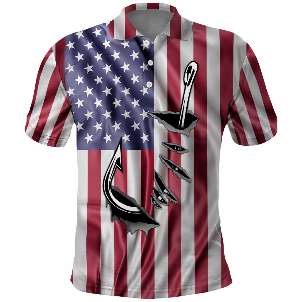 Fishing Fish Hook American Flag Polo Shirt Custom Name Graphic in Patriotic Striped Theme - Wonder Print Shop