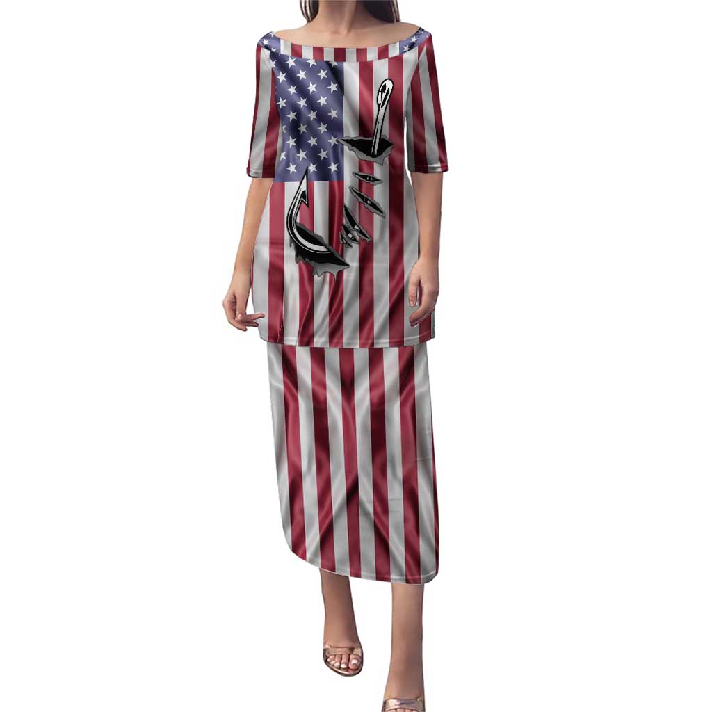 Fishing Fish Hook American Flag Puletasi Custom Name Graphic in Patriotic Striped Theme - Wonder Print Shop