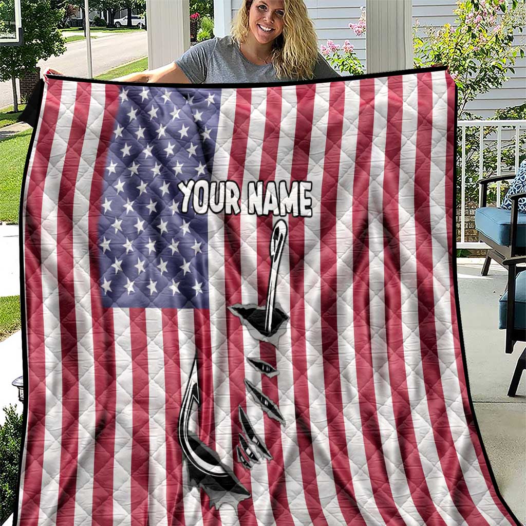 Fishing Fish Hook American Flag Quilt Custom Name Graphic in Patriotic Striped Theme - Wonder Print Shop