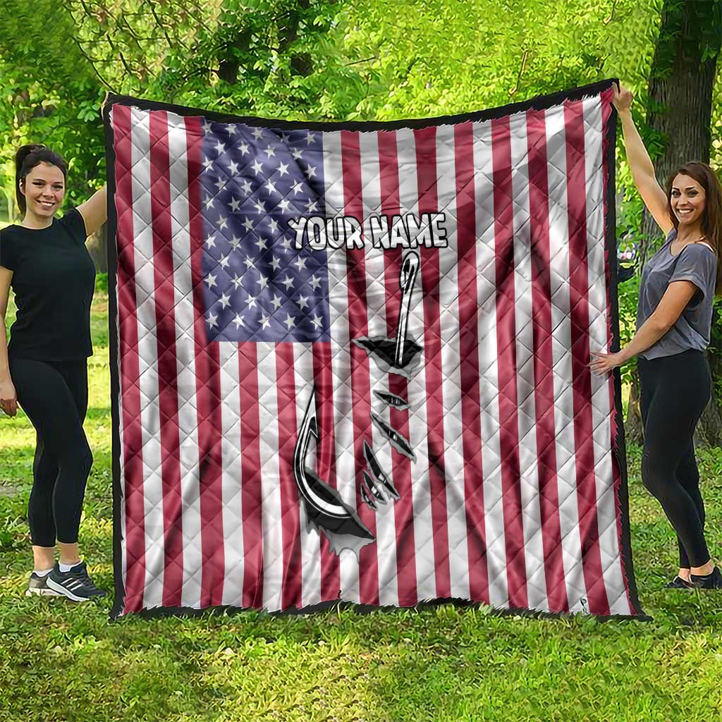 Fishing Fish Hook American Flag Quilt Custom Name Graphic in Patriotic Striped Theme - Wonder Print Shop