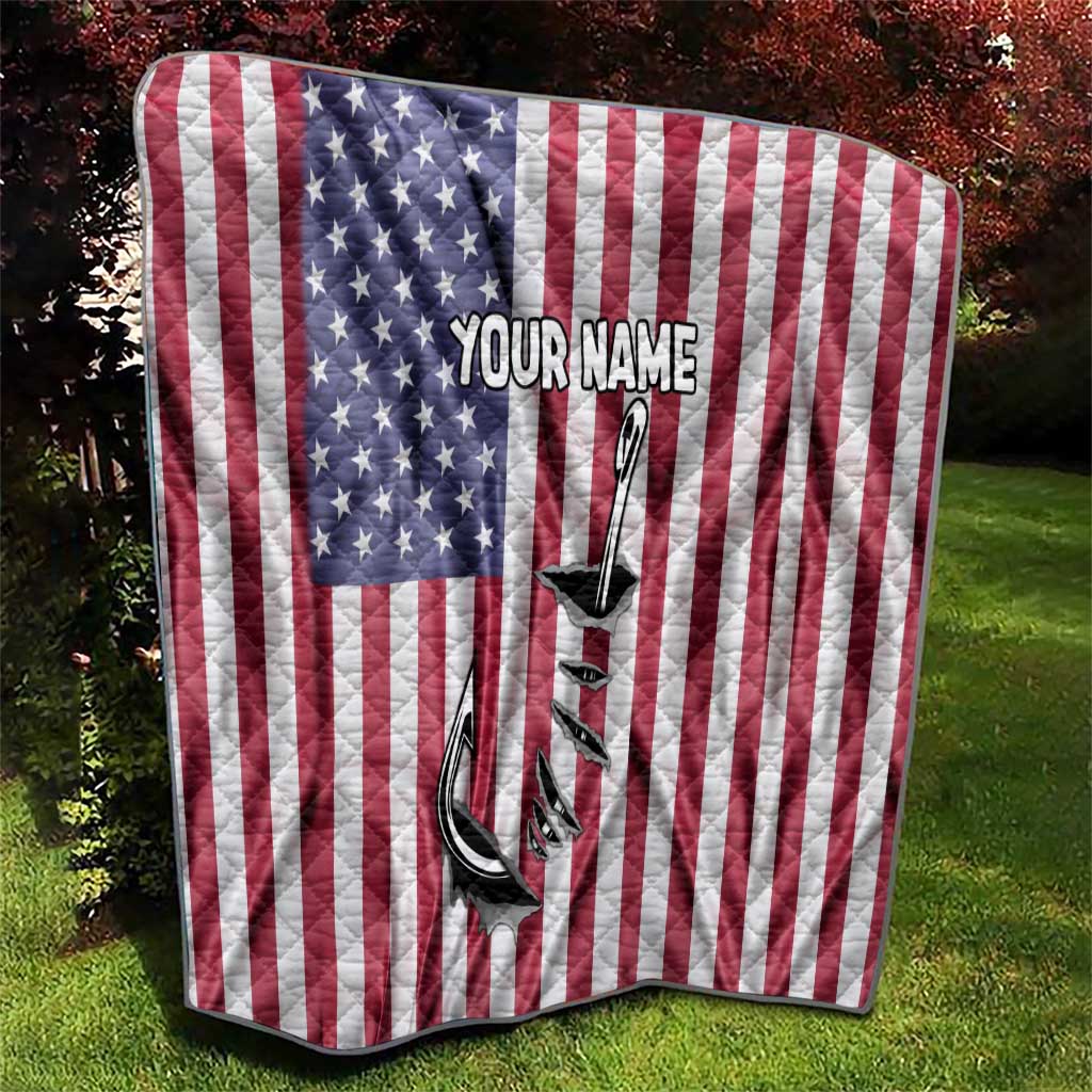 Fishing Fish Hook American Flag Quilt Custom Name Graphic in Patriotic Striped Theme - Wonder Print Shop