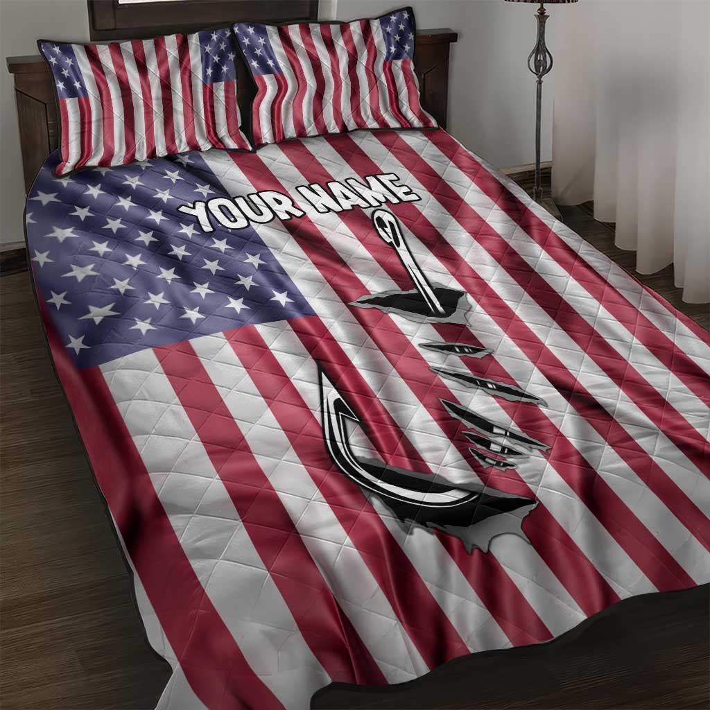 Fishing Fish Hook American Flag Quilt Bed Set Custom Name Graphic in Patriotic Striped Theme - Wonder Print Shop