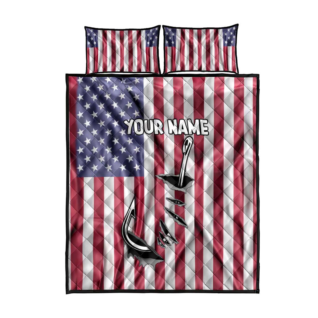 Fishing Fish Hook American Flag Quilt Bed Set Custom Name Graphic in Patriotic Striped Theme - Wonder Print Shop