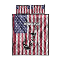 Fishing Fish Hook American Flag Quilt Bed Set Custom Name Graphic in Patriotic Striped Theme - Wonder Print Shop