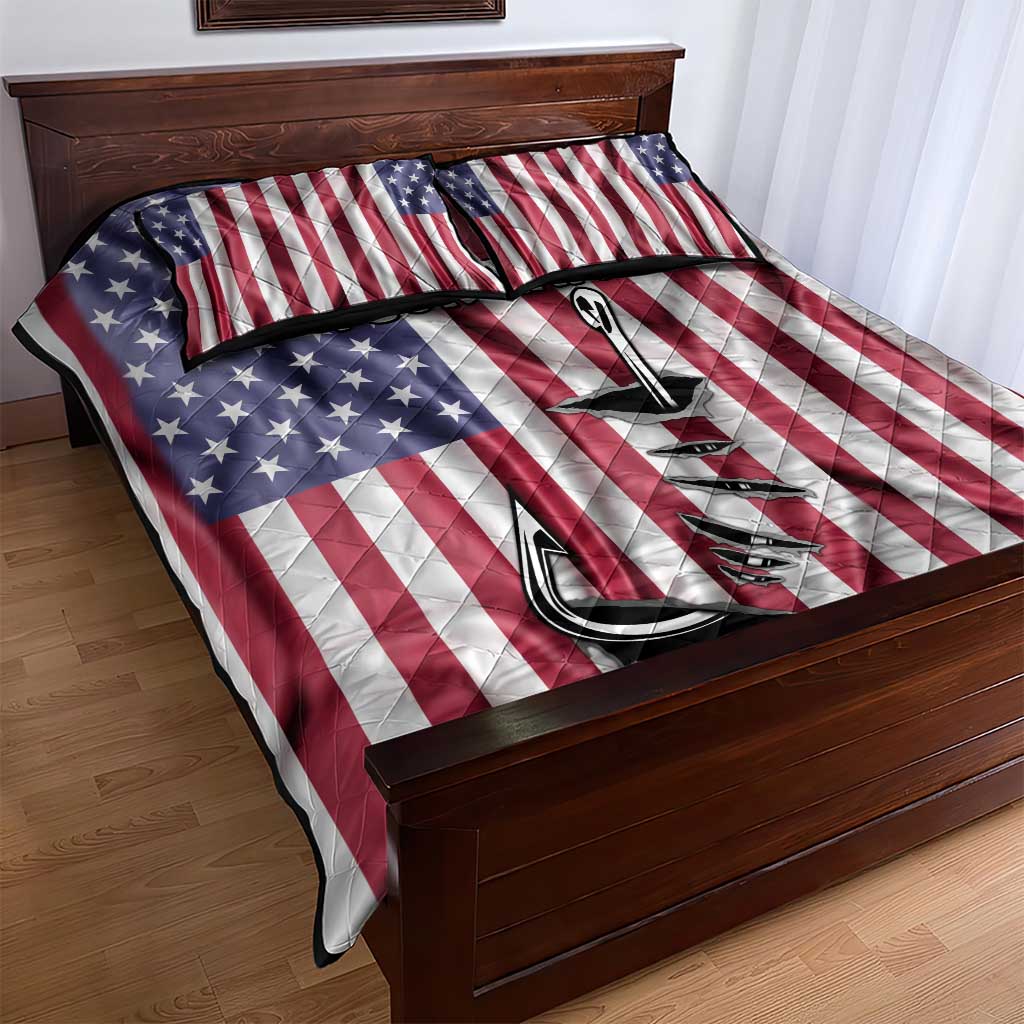 Fishing Fish Hook American Flag Quilt Bed Set Custom Name Graphic in Patriotic Striped Theme - Wonder Print Shop