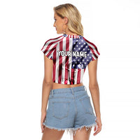 Fishing Fish Hook American Flag Raglan Cropped T Shirt Custom Name Graphic in Patriotic Striped Theme - Wonder Print Shop