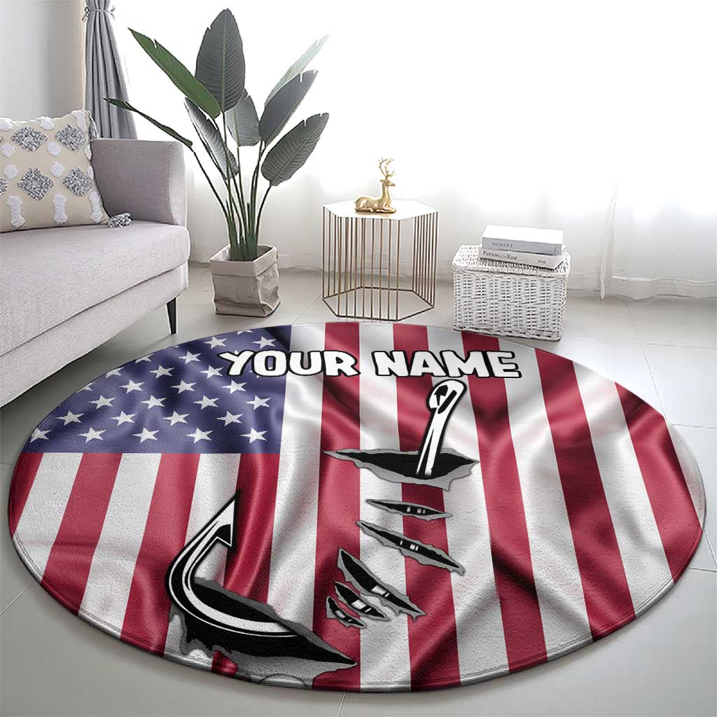 Fishing Fish Hook American Flag Round Carpet Custom Name Graphic in Patriotic Striped Theme - Wonder Print Shop