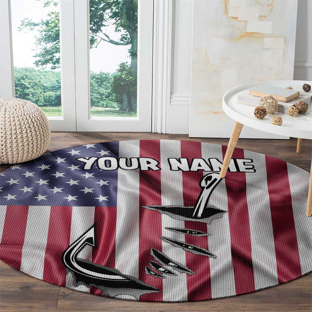 Fishing Fish Hook American Flag Round Carpet Custom Name Graphic in Patriotic Striped Theme - Wonder Print Shop