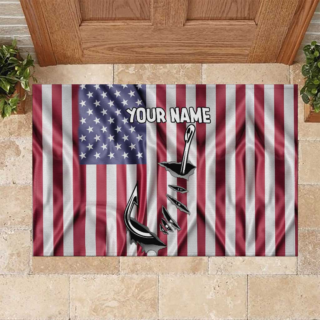 Fishing Fish Hook American Flag Rubber Doormat Custom Name Graphic in Patriotic Striped Theme - Wonder Print Shop