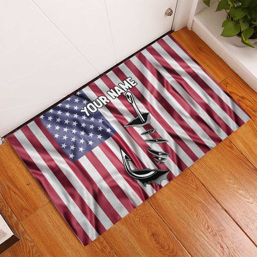Fishing Fish Hook American Flag Rubber Doormat Custom Name Graphic in Patriotic Striped Theme - Wonder Print Shop