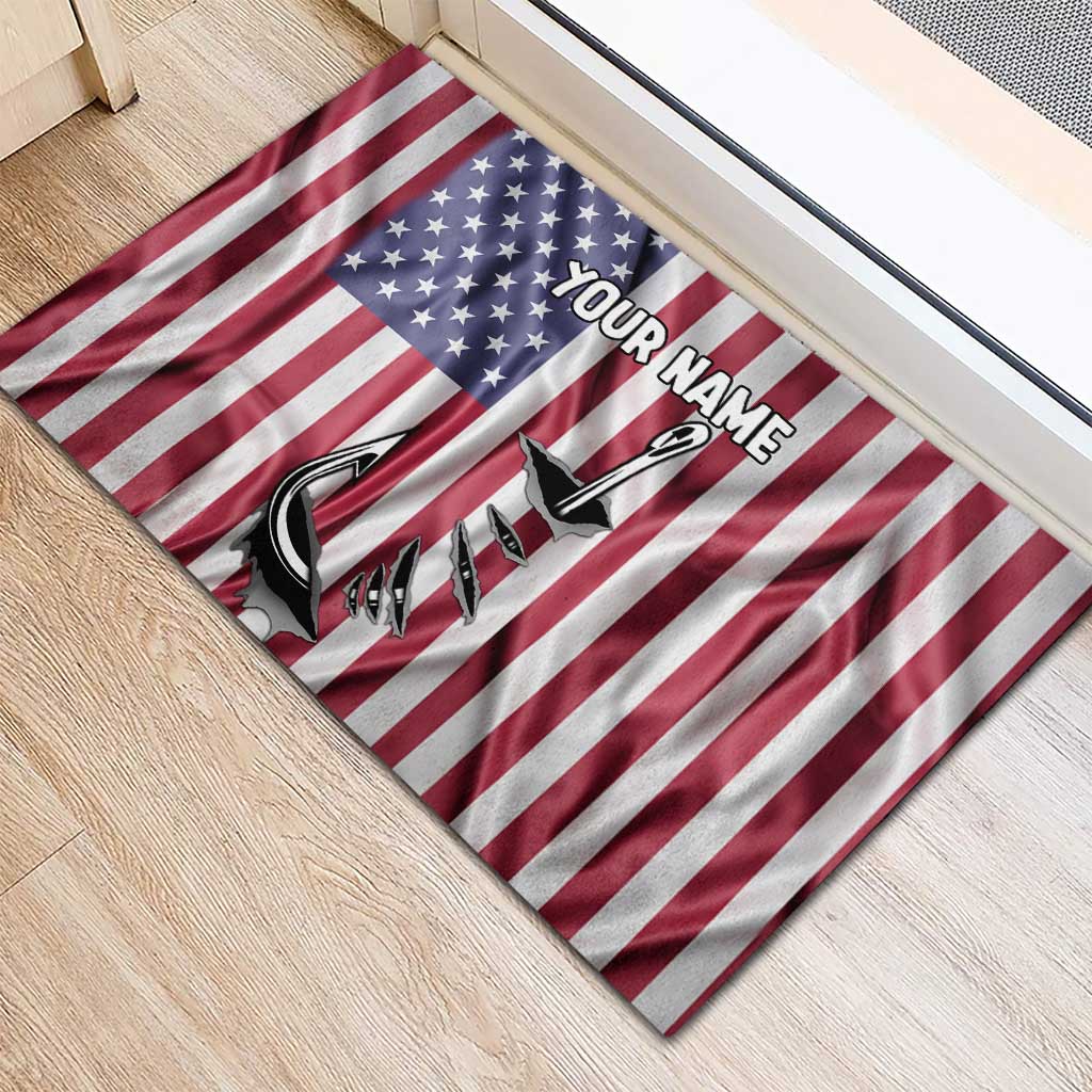 Fishing Fish Hook American Flag Rubber Doormat Custom Name Graphic in Patriotic Striped Theme - Wonder Print Shop