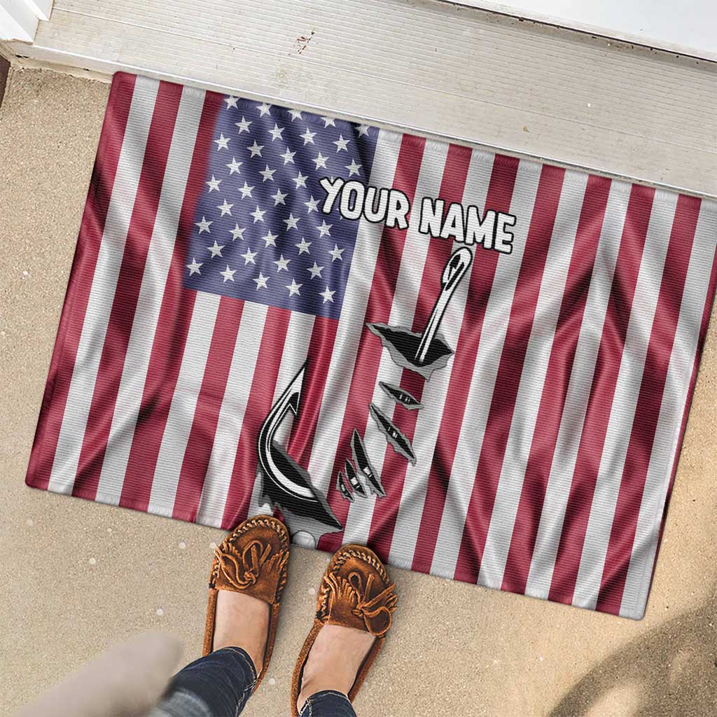 Fishing Fish Hook American Flag Rubber Doormat Custom Name Graphic in Patriotic Striped Theme - Wonder Print Shop