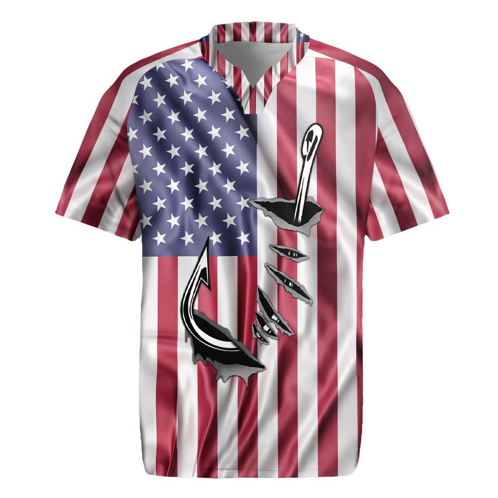 Fishing Fish Hook American Flag Rugby Jersey Custom Name Graphic in Patriotic Striped Theme - Wonder Print Shop