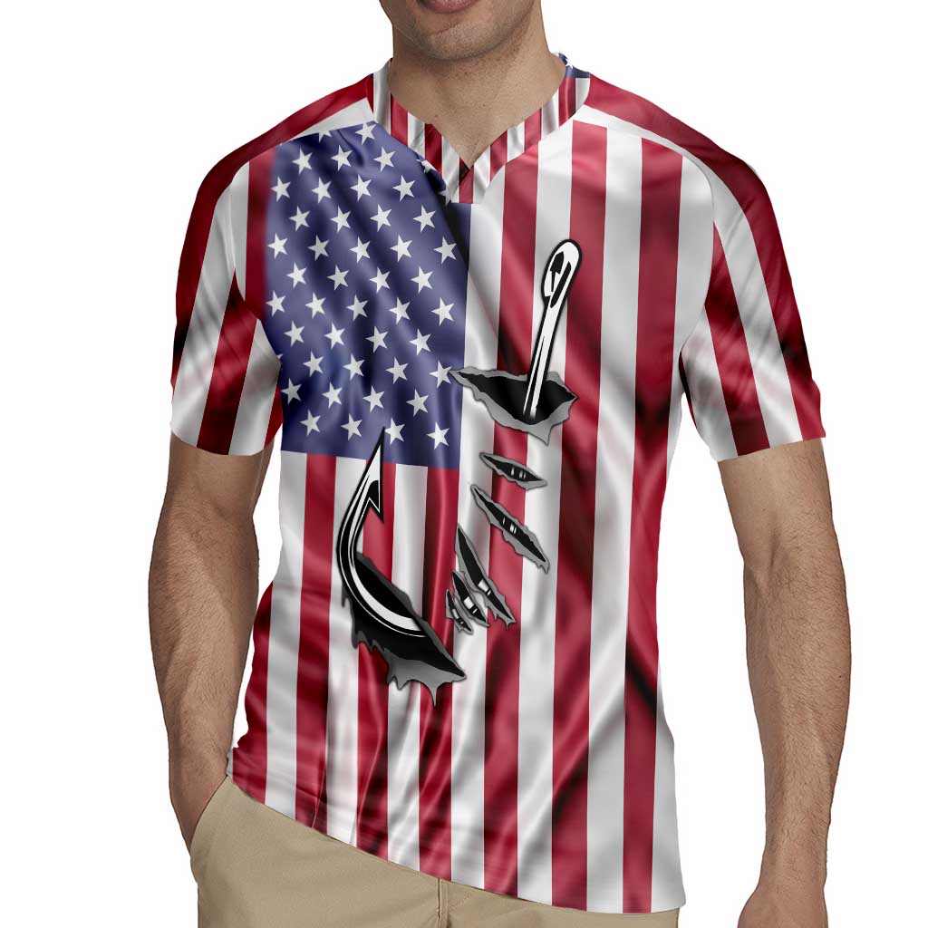 Fishing Fish Hook American Flag Rugby Jersey Custom Name Graphic in Patriotic Striped Theme - Wonder Print Shop