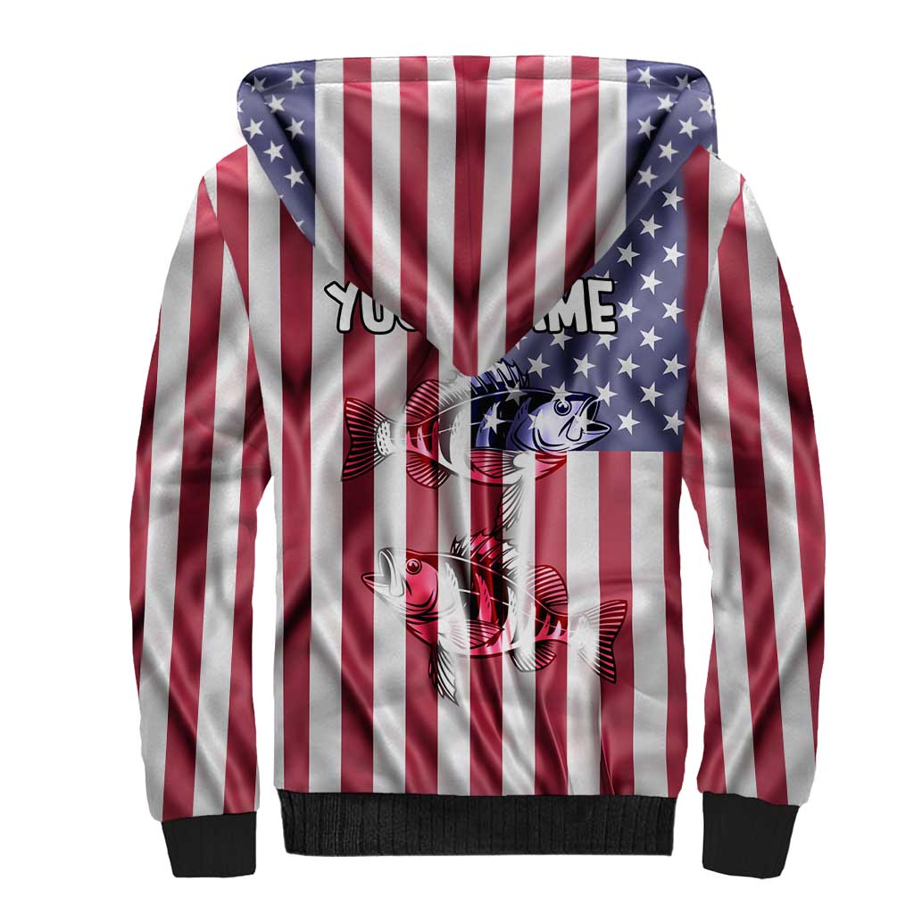 Fishing Fish Hook American Flag Sherpa Hoodie Custom Name Graphic in Patriotic Striped Theme - Wonder Print Shop