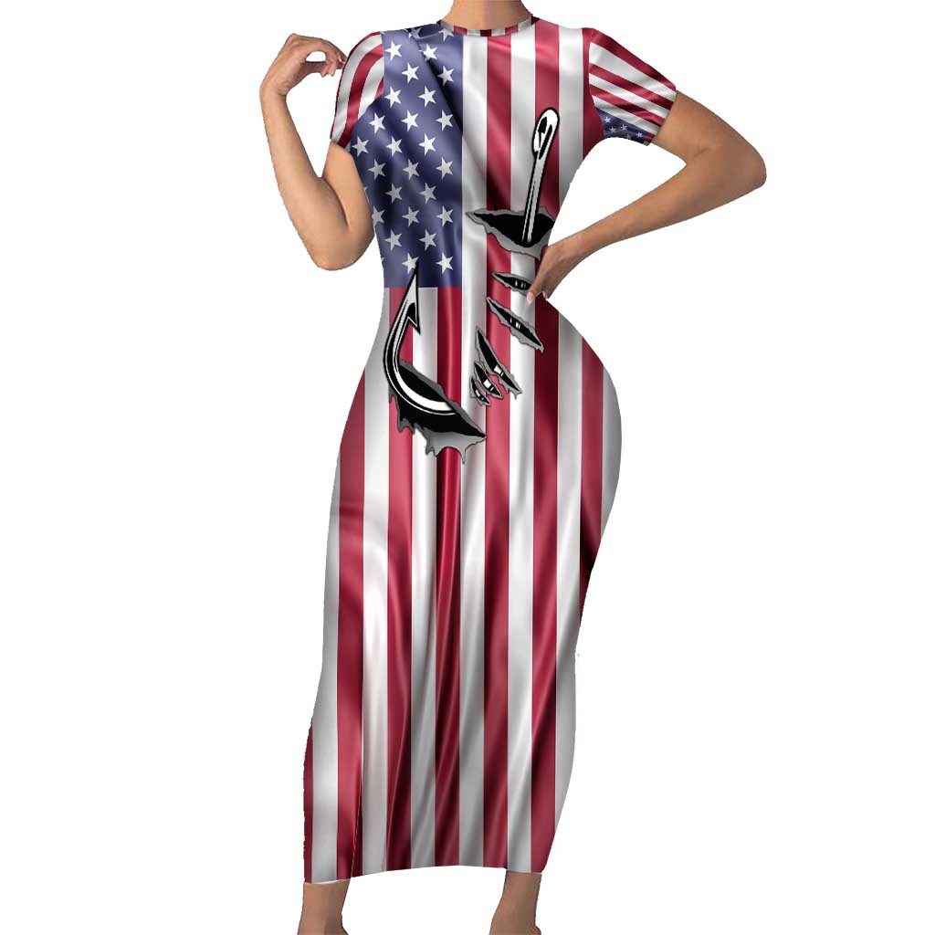 Fishing Fish Hook American Flag Short Sleeve Bodycon Dress Custom Name Graphic in Patriotic Striped Theme - Wonder Print Shop